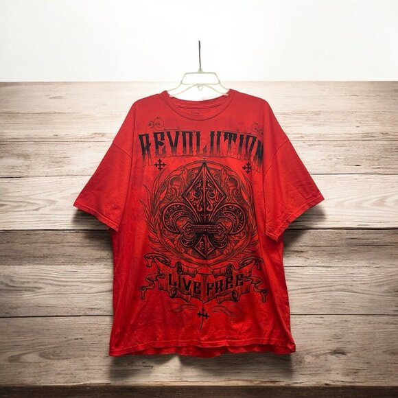 MMA Elite Tshirt Revolution “Live Free” Y2K Goth Sz 2XL Red Fleur De Lis Cross - Picture 2 of 14